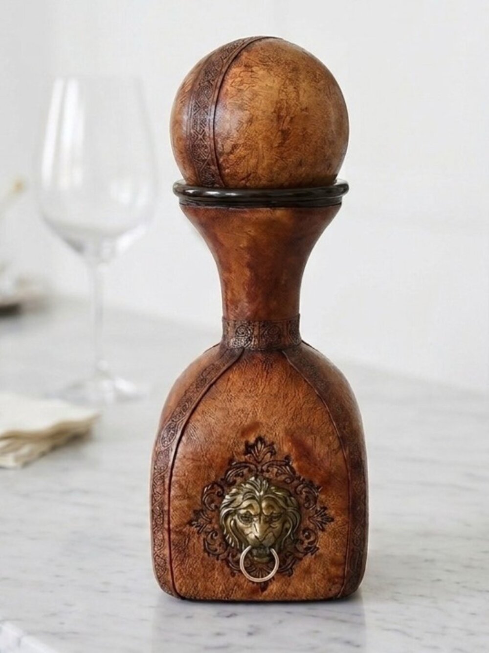 Vintage Italian Leather Decanter Brass Lion Head & Stopper Mid-Century Barware
